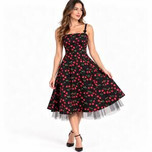 Super Low Fat XS Black Cherry Print Fit & Flare Dress Tulle Hem Made in USA